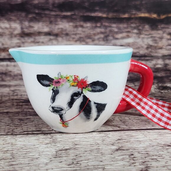Cow Creamer Christmas Ornament Pioneer Woman Red Gingham Ribbon Mixing Bowl - Picture 3 of 7
